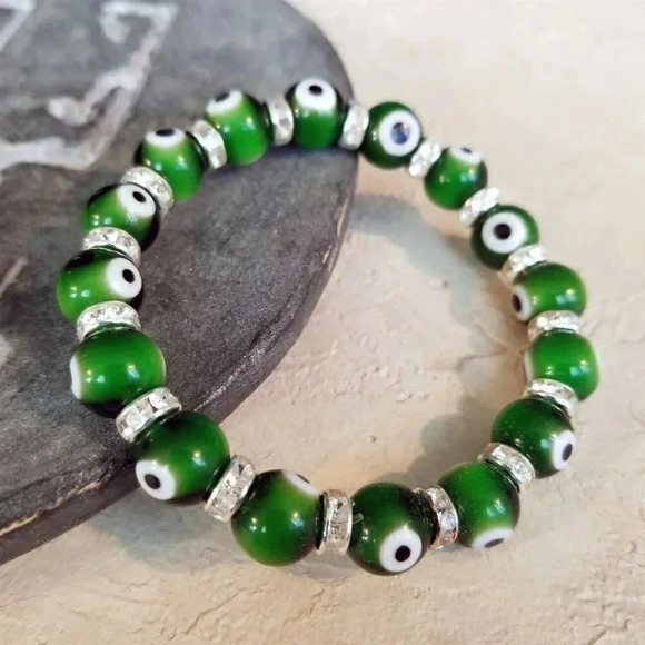 Handmade Green Black Turkish Evil Eye Glass Egyptian Crystal Talisman Bracelet - Picture 4 of 4
